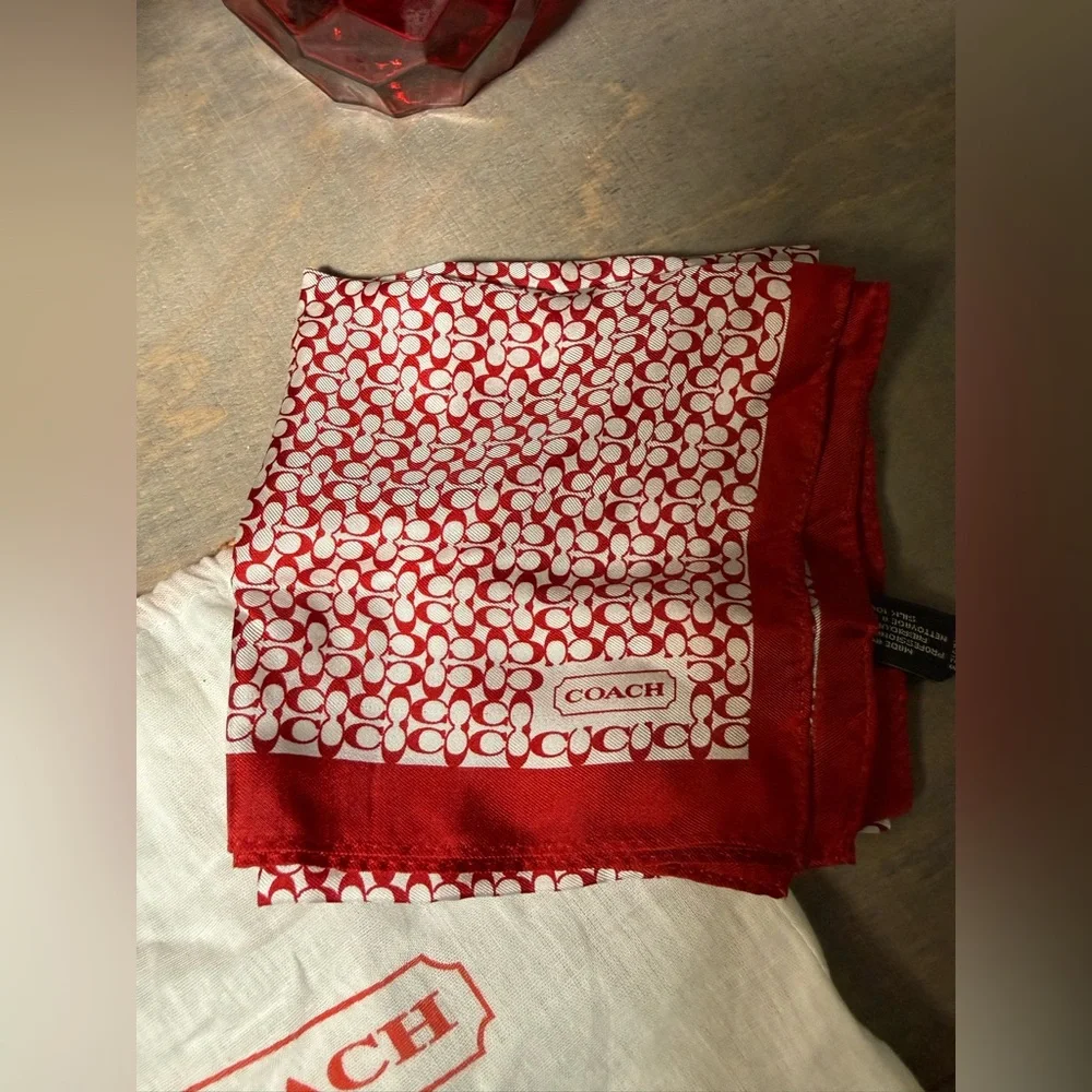 COACH Signature Print Silk Square Scarf in red. - Picture 2 of 7